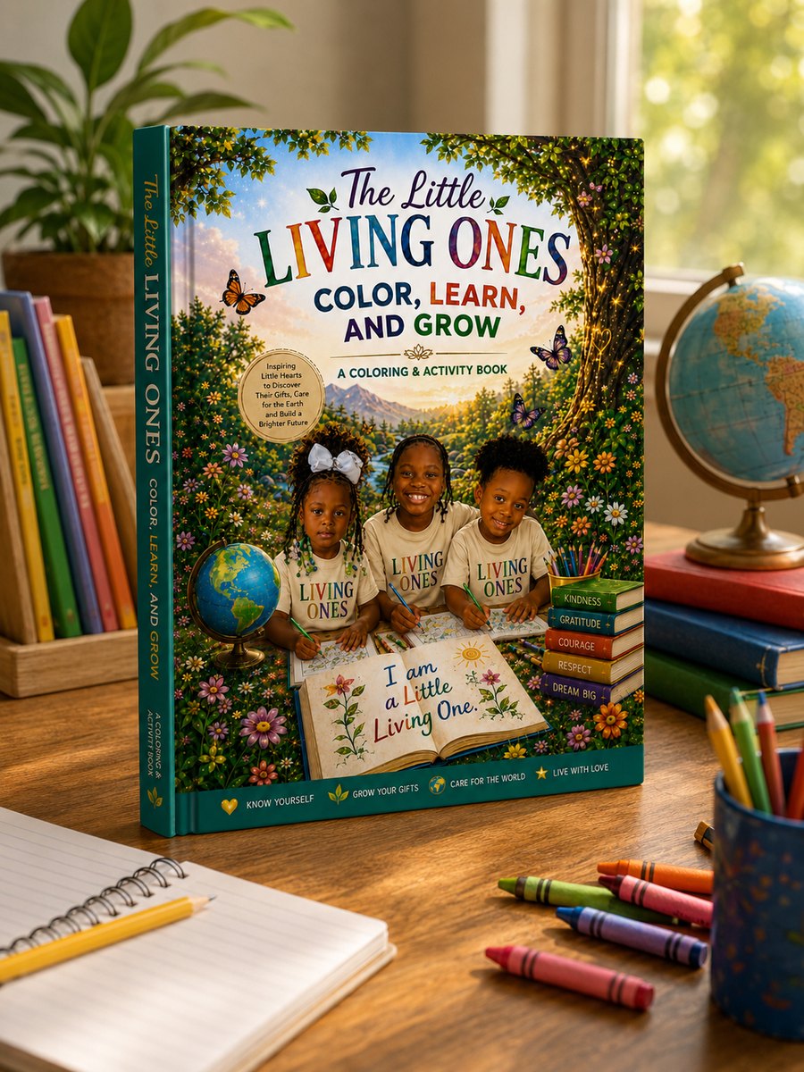 The Little Living Ones coloring and activity book standing on a desk beside crayons, a globe and a stack of books labelled kindness, gratitude, courage, respect and dream big.