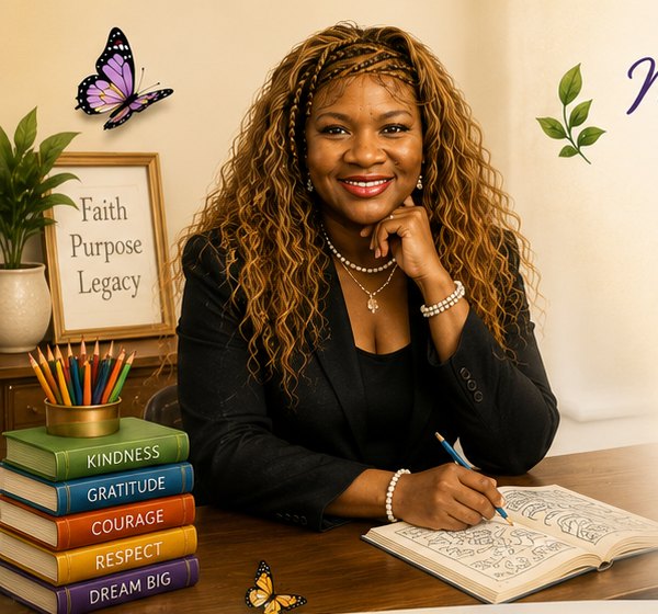 Coach Dana Johnson seated at her desk, colouring a page from her book.