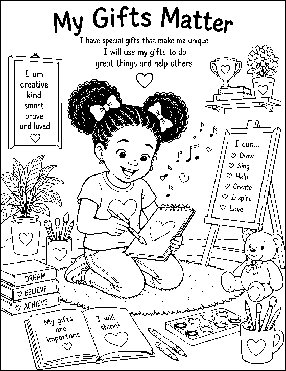 Coloring page titled My Gifts Matter: a girl painting at home surrounded by books and brushes.