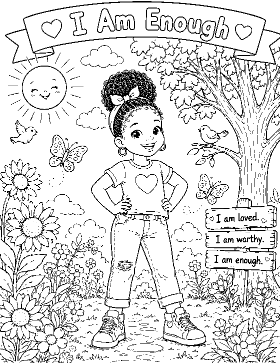 Coloring page titled I Am Enough: a girl in a meadow beside signposts reading I am loved, I am worthy, I am enough.